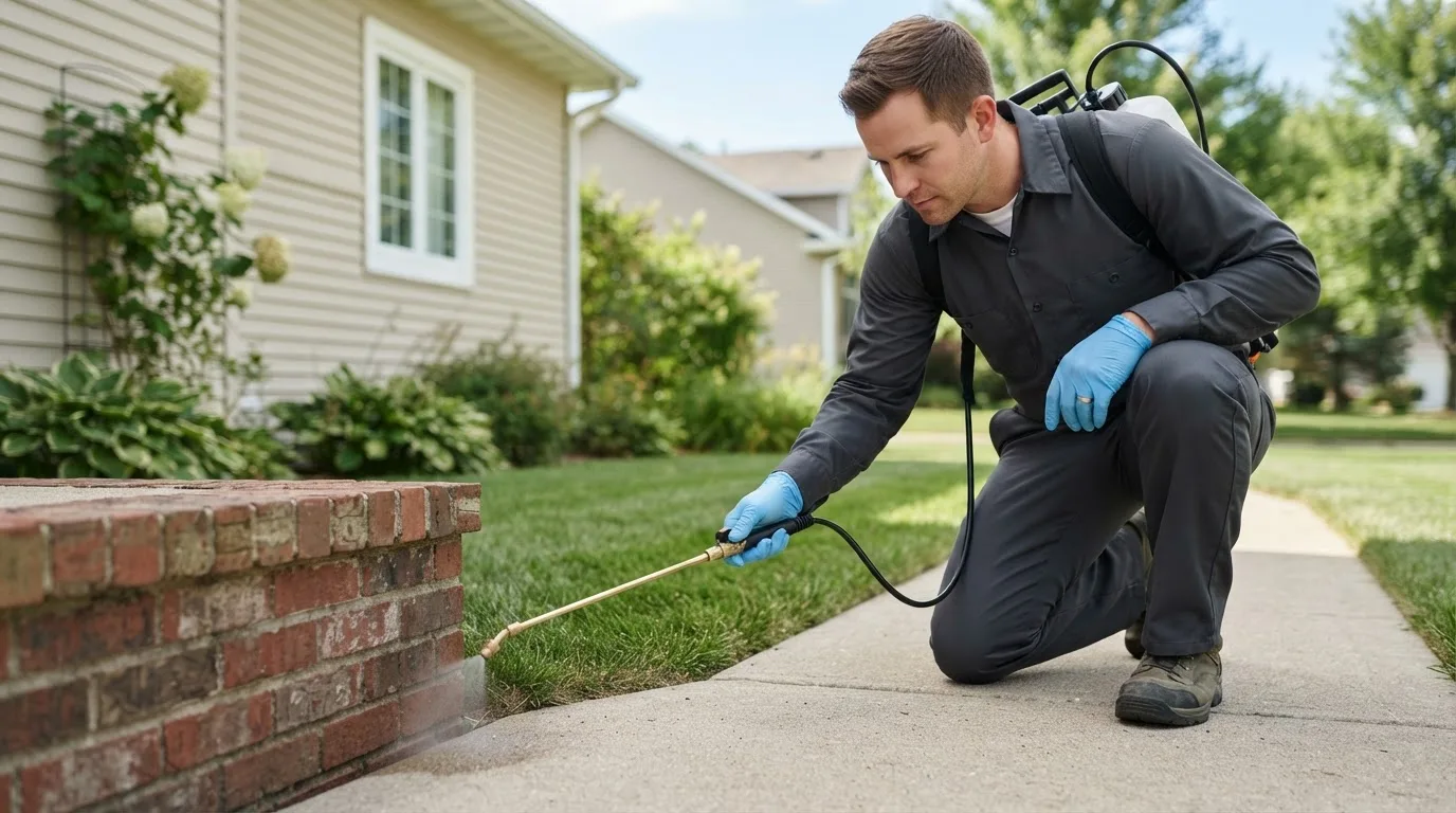 Pest control technician treating a home near Greenfield, WI